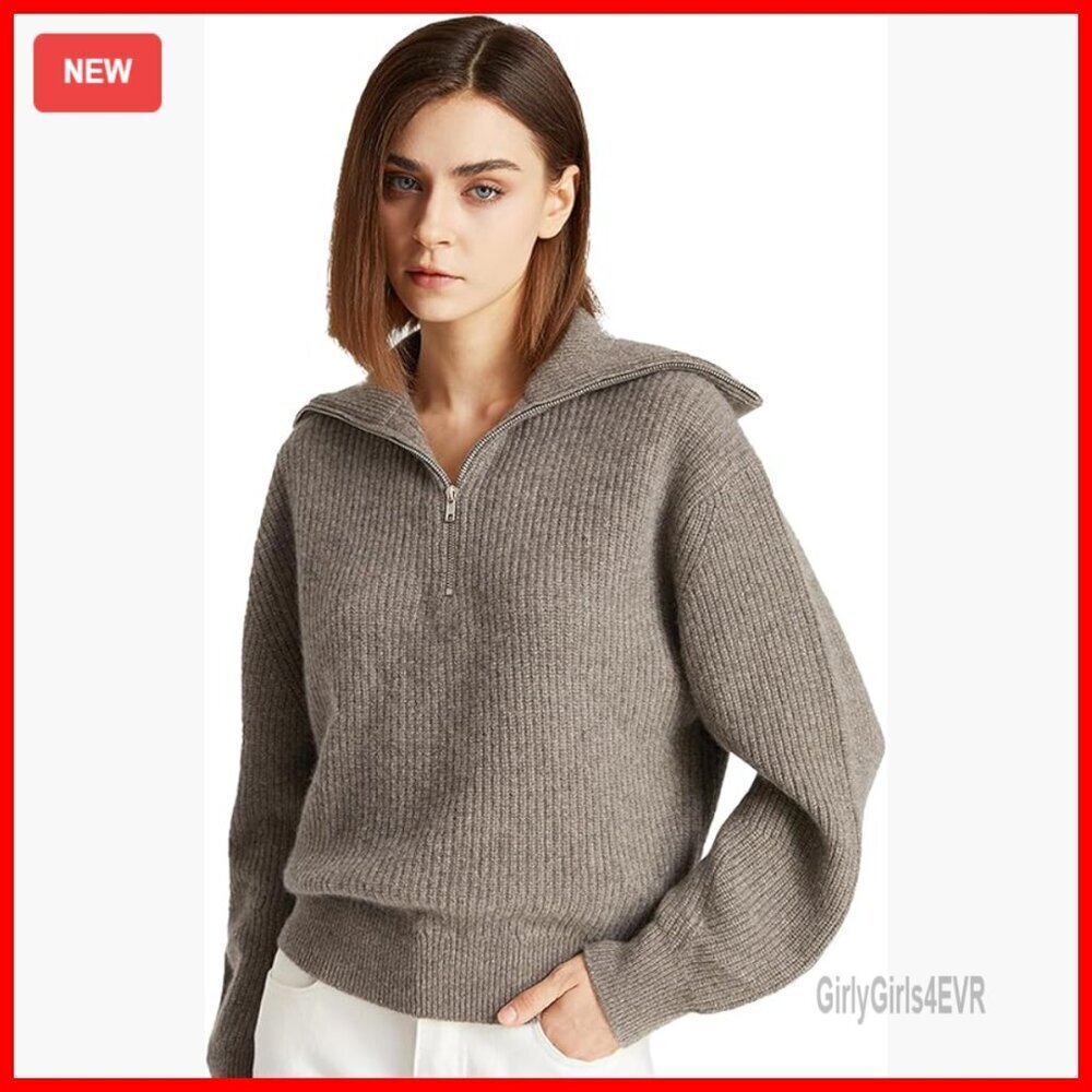 Cashmere Pullover Sweater Quarter Zip Lantern Sleeves Soft Warm